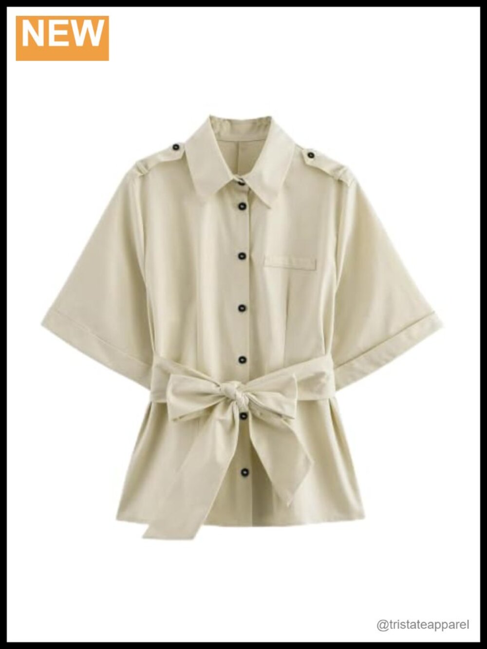 Women's Button Down Blouse with Belt Short Sleeve Office Top